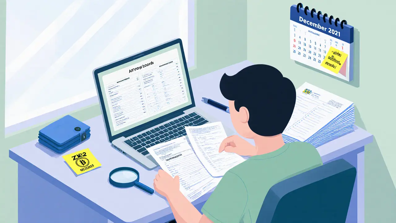 User at desk reviewing airdrop records, laptop, tax forms, calendar marked Dec 2021.