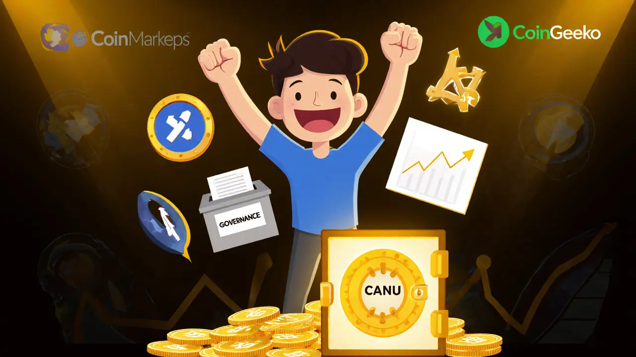 User celebrates receiving CANU tokens, holding governance ballot and price chart.