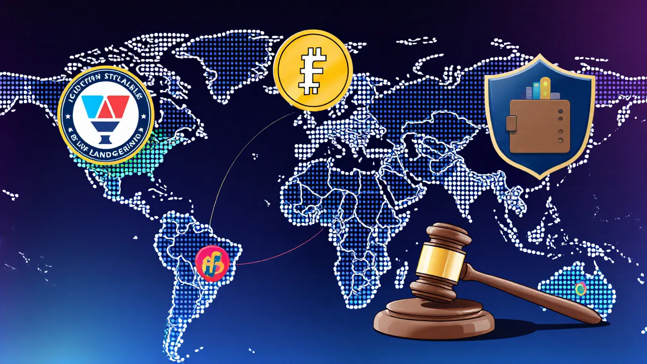 World map showing crypto laundering routes with USDT icons and law enforcement badges.