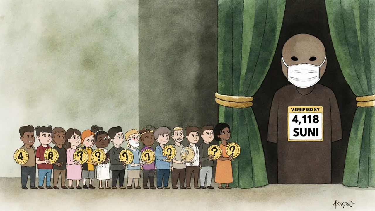 850 cartoon participants lined up receiving SUNI tokens from a mysterious masked figure