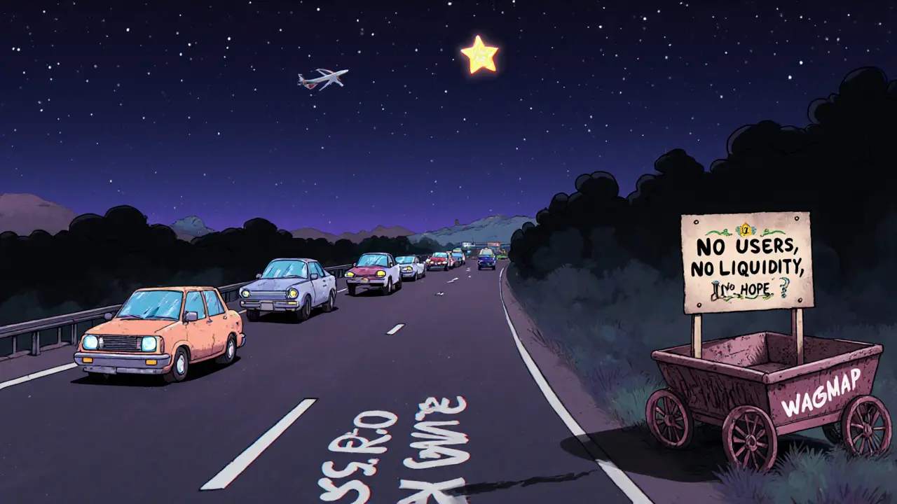 A broken-down cart labeled Wagmi sits abandoned on a highway of thriving DeFi protocols, under a starry sky with a faint &#039;Maybe Later?&#039; sign.