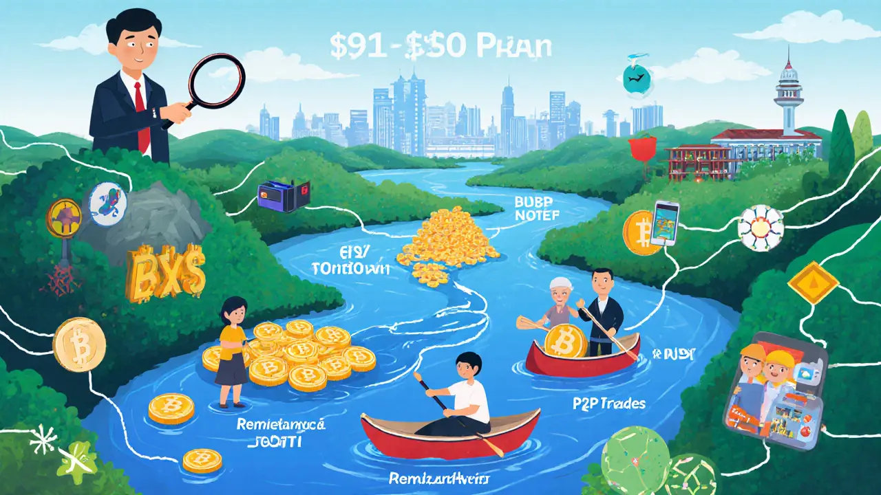 A cartoon river of crypto coins flows through Vietnam, representing remittances, gaming earnings, and peer-to-peer trades.