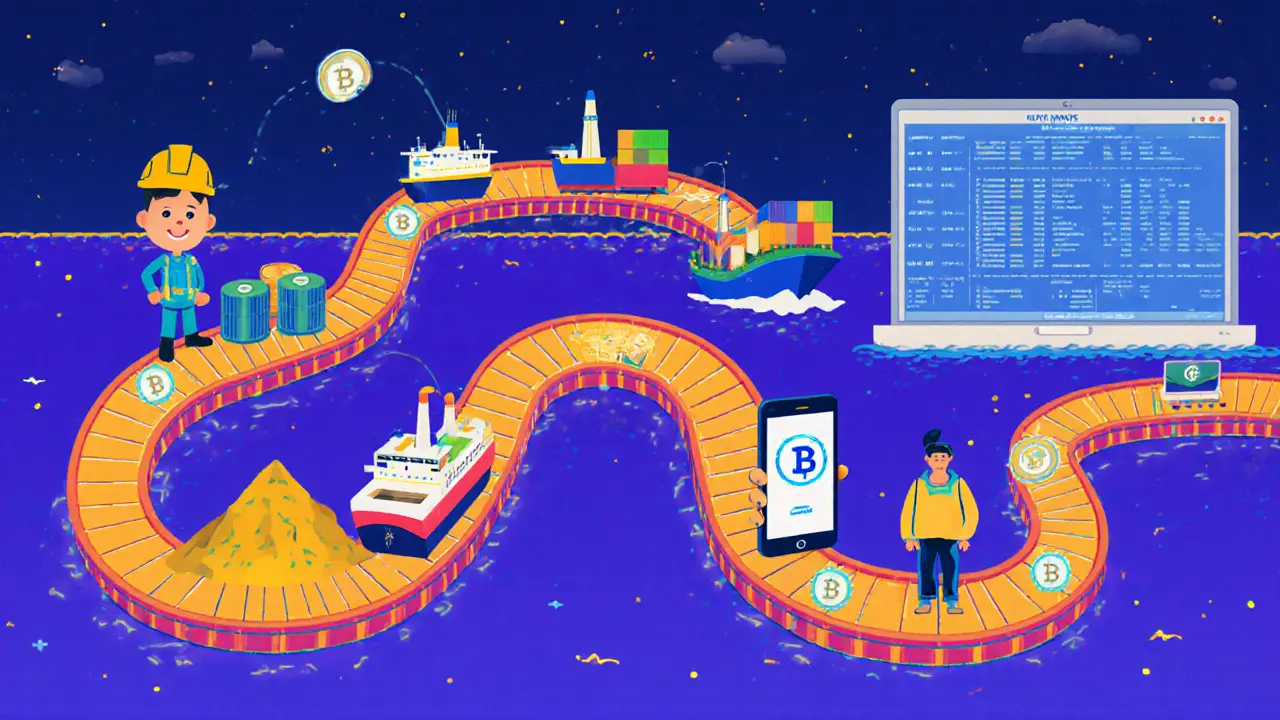A colorful global supply chain conveyor belt showing products moving from mine to consumer with NFT tags glowing at each stage.