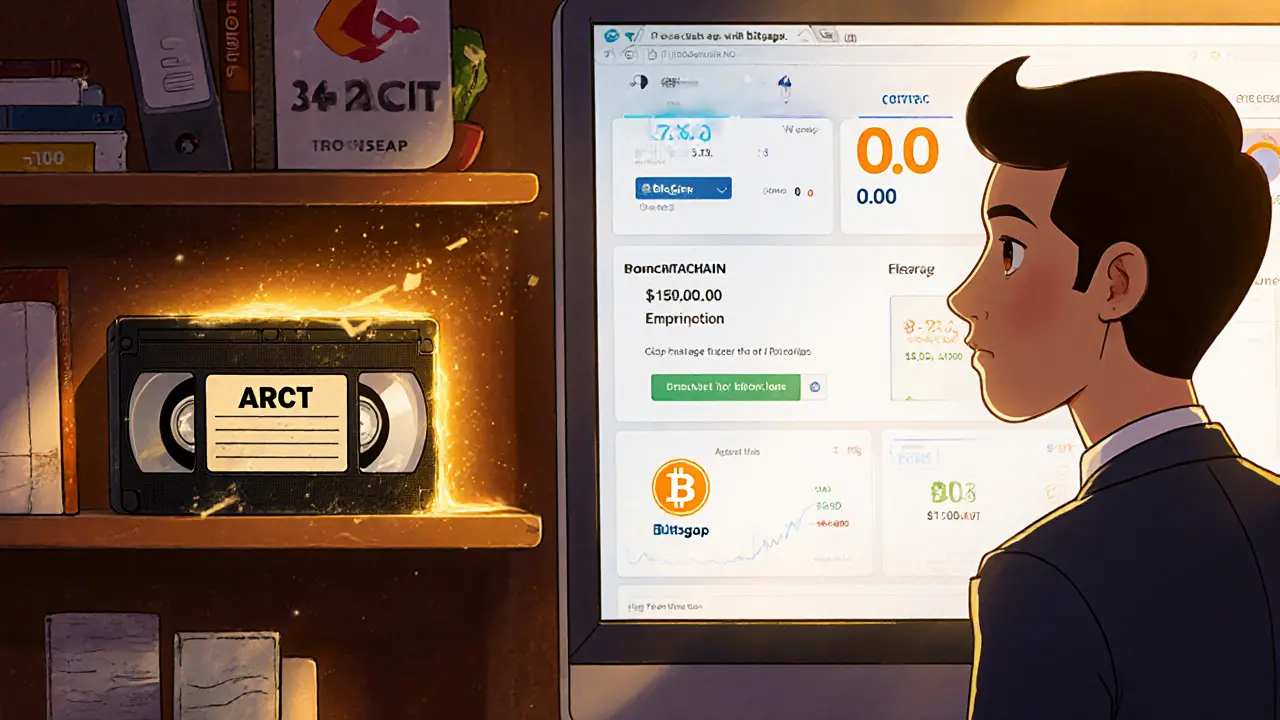 A dusty ARCT VHS tape next to active crypto tools on a shelf.