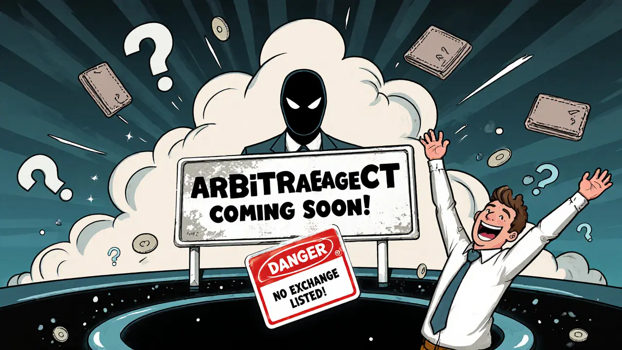 A faceless team vanishes as an investor throws coins into a black hole labeled &#039;No Exchange&#039;.