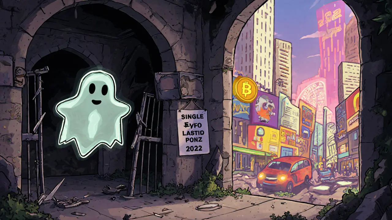 A ghostly SINGLE token inside an abandoned DeFi castle with no updates and vibrant new protocols outside.