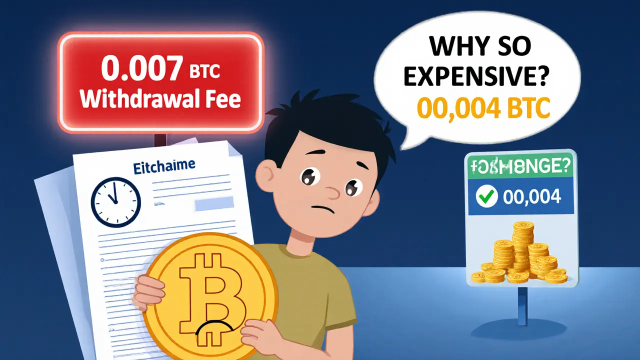 A person frustrated by a high Bitcoin withdrawal fee compared to lower fees on other exchanges.