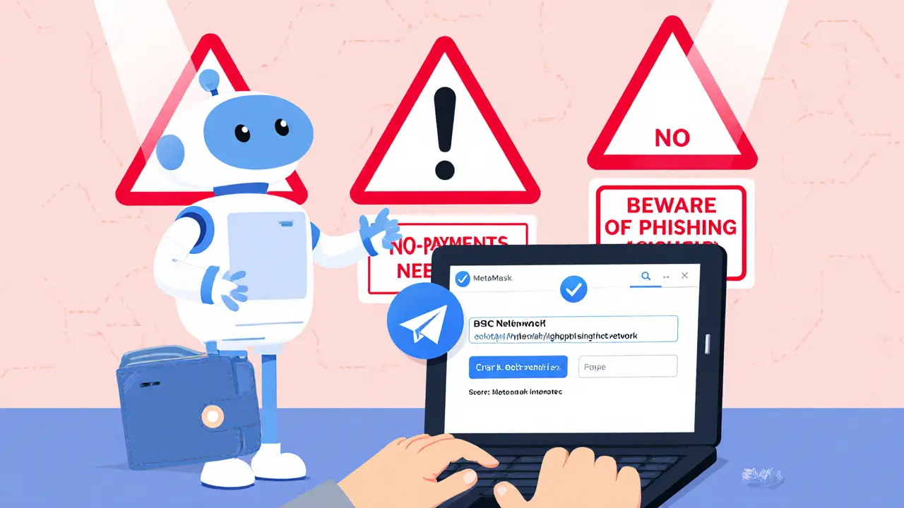 A person safely interacting with a verified Telegram bot, warning signs visible in the background about crypto scams.