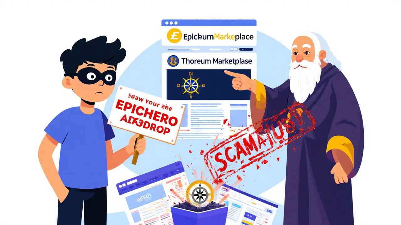 A scammer lures a user with fake airdrop signs, while a wise figure points to the official EpicHero site.