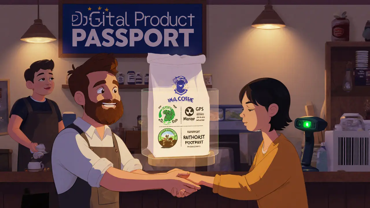 A small coffee shop owner gives a bag to a customer while a digital NFT twin displays the coffee’s sustainable journey.