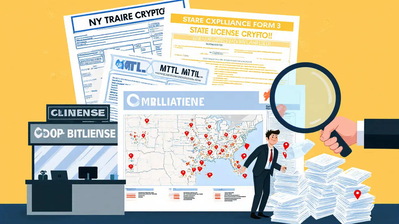 A small crypto office overwhelmed by state licensing forms and a compliance officer buried in paperwork.