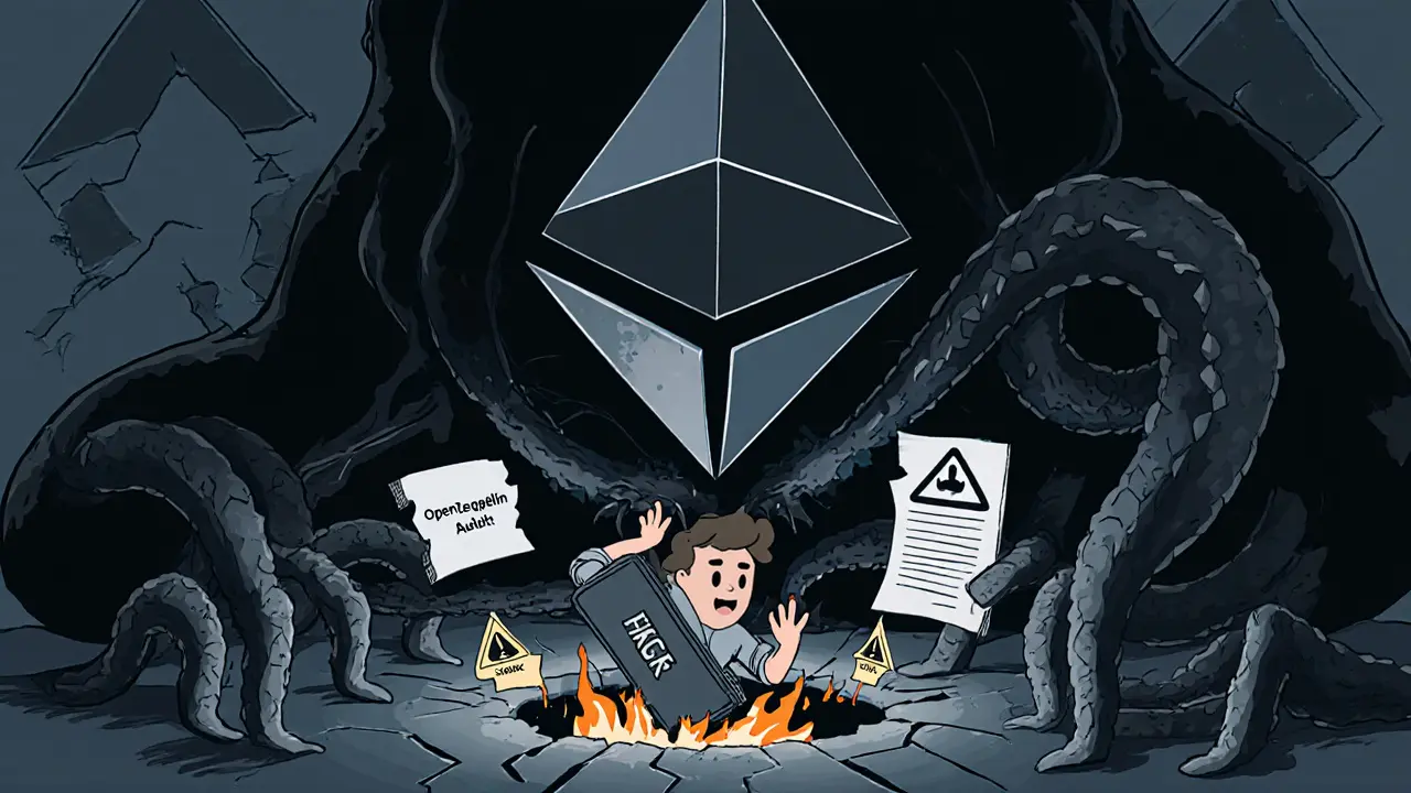 A smart contract monster pulling a wallet into a hole while audit reports burn nearby.