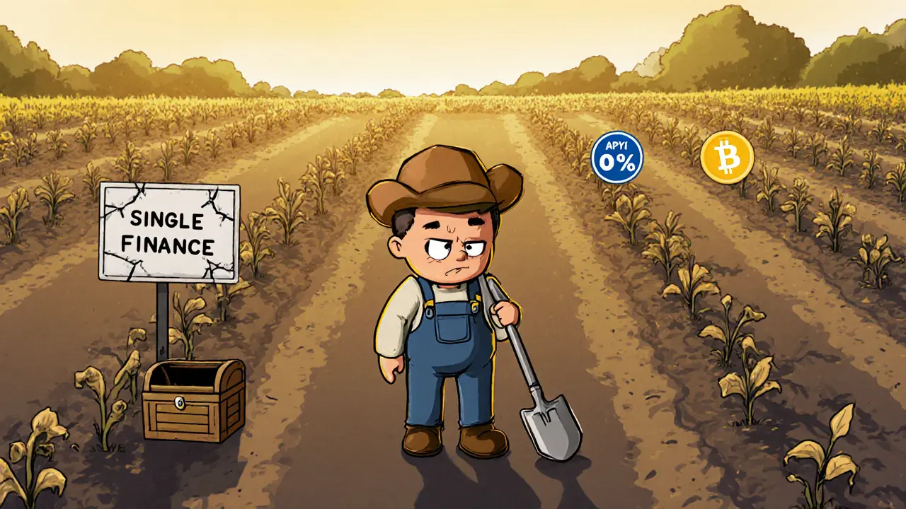 A tired farmer in a barren yield farm surrounded by thriving DeFi tokens.