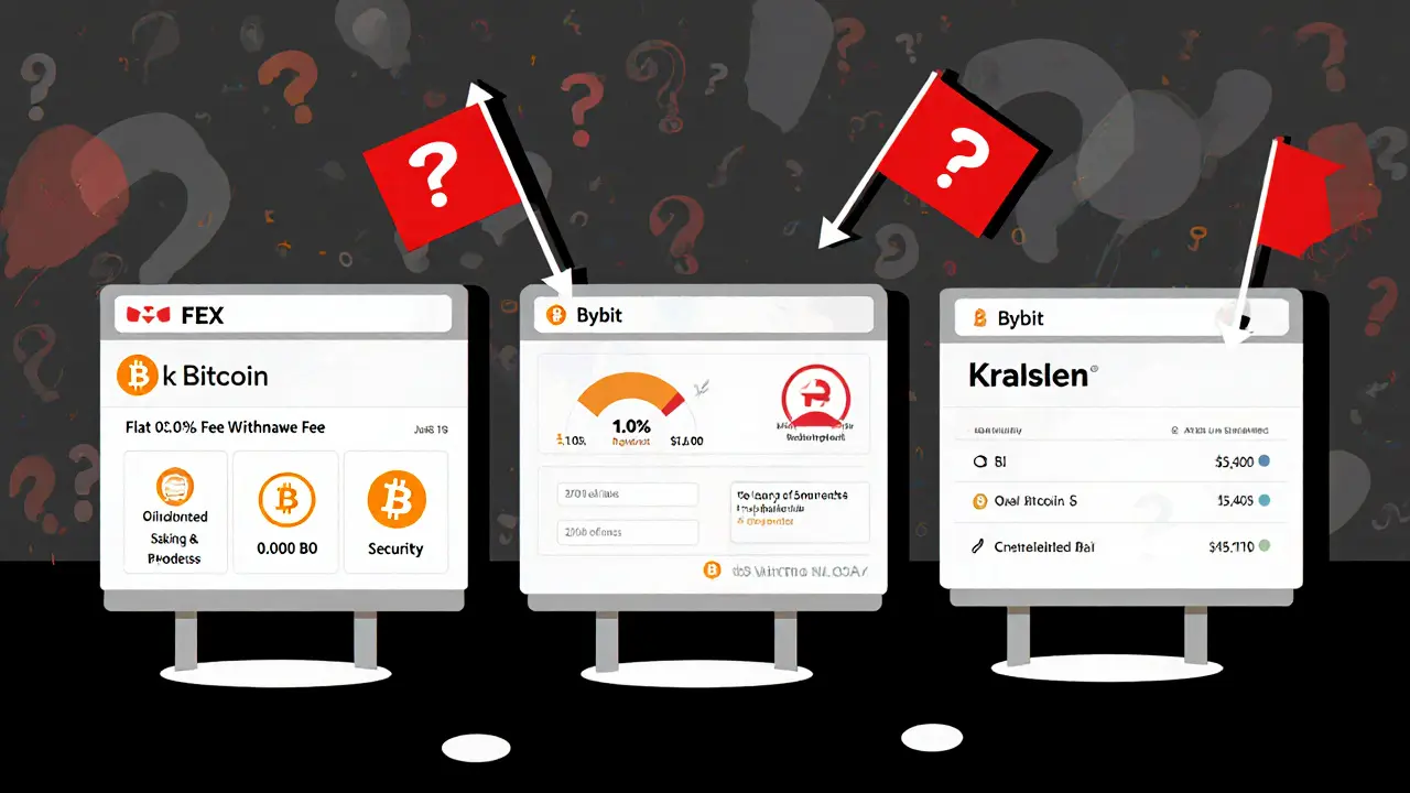 A trading desk comparing FEX’s high fees and no security info to Kraken and Bybit’s transparent features.