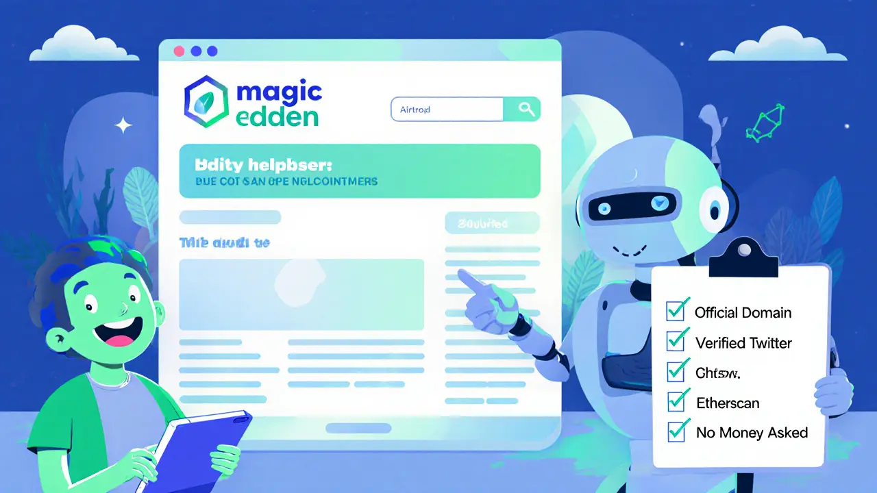 A user happily verifying eligibility for a real airdrop with official logos and verified links.