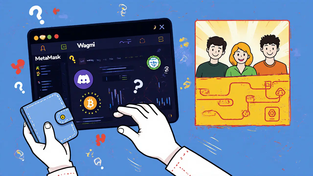 A user hesitates before an empty DeFi interface labeled Wagmi, with missing features floating as question marks, while a vibrant alternative shines nearby.