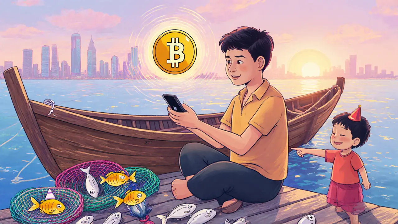 A Vietnamese farmer receives crypto payment for fish on his smartphone, with glowing USDT coin above his hand.