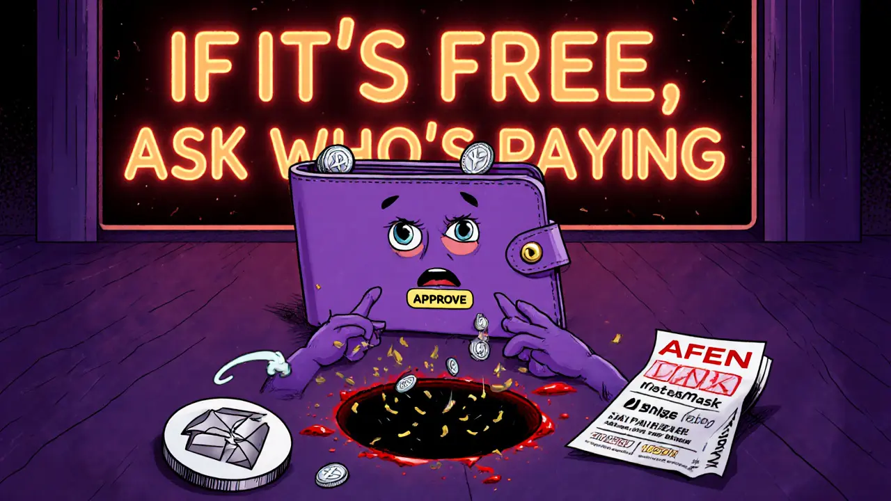 A wallet being emptied into a black hole after clicking &#039;Approve&#039; on a scam site, with warning signs nearby.