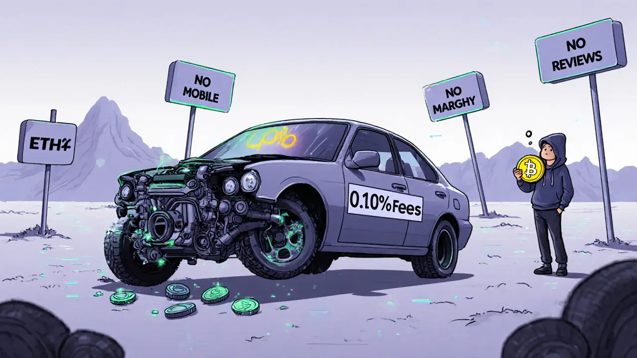 Broken car with &#039;0.10% Fees&#039; engine but missing steering wheel, surrounded by signs for missing features.