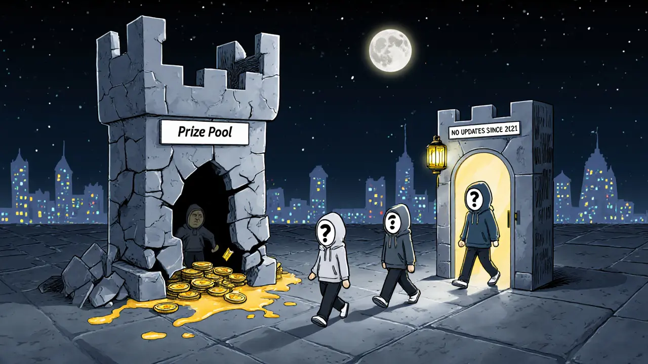 Cartoon blockchain castle crumbling with users walking away as a ghostly team disappears.