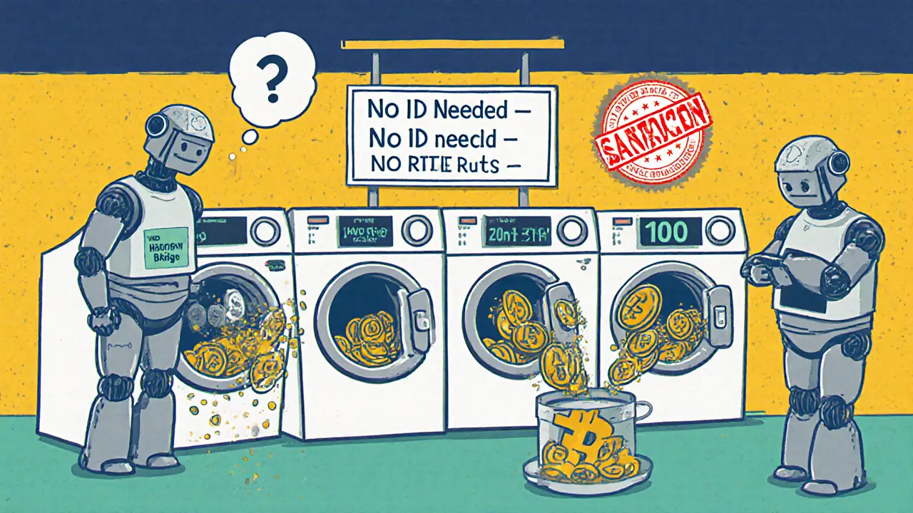 Cartoon blockchain laundry mat with ETH washing machines, clean coins emerging, and OFAC sanction stamp on wall.