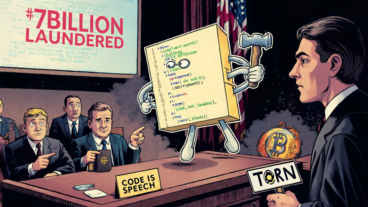 Cartoon code on trial in courtroom, defended by lawyer, jury confused, screen showing &#039;7 BILLION LAUNDERED&#039;.