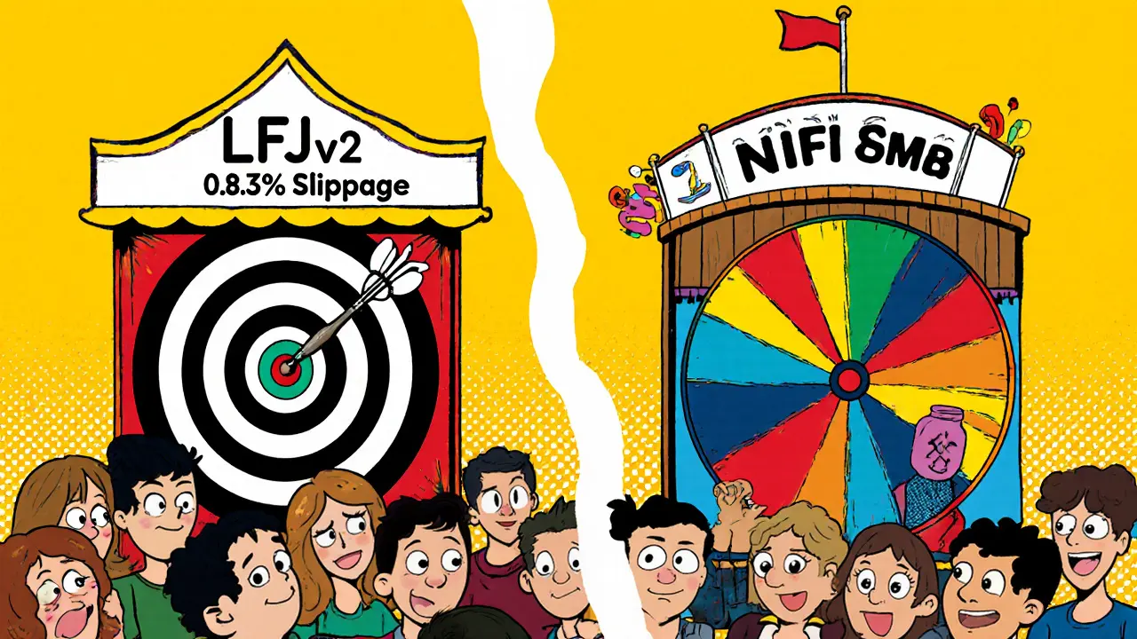 Cartoon comparison of LFJ v2 and PancakeSwap booths at a DeFi fair, one with precision trading, the other with games.