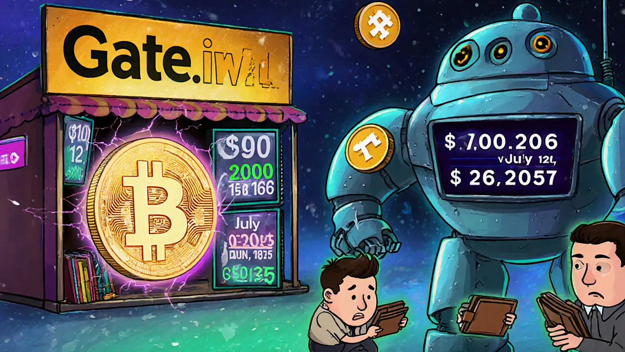 Cartoon marketplace stall selling a cracked BRAWL token with conflicting prices and future dates floating above.