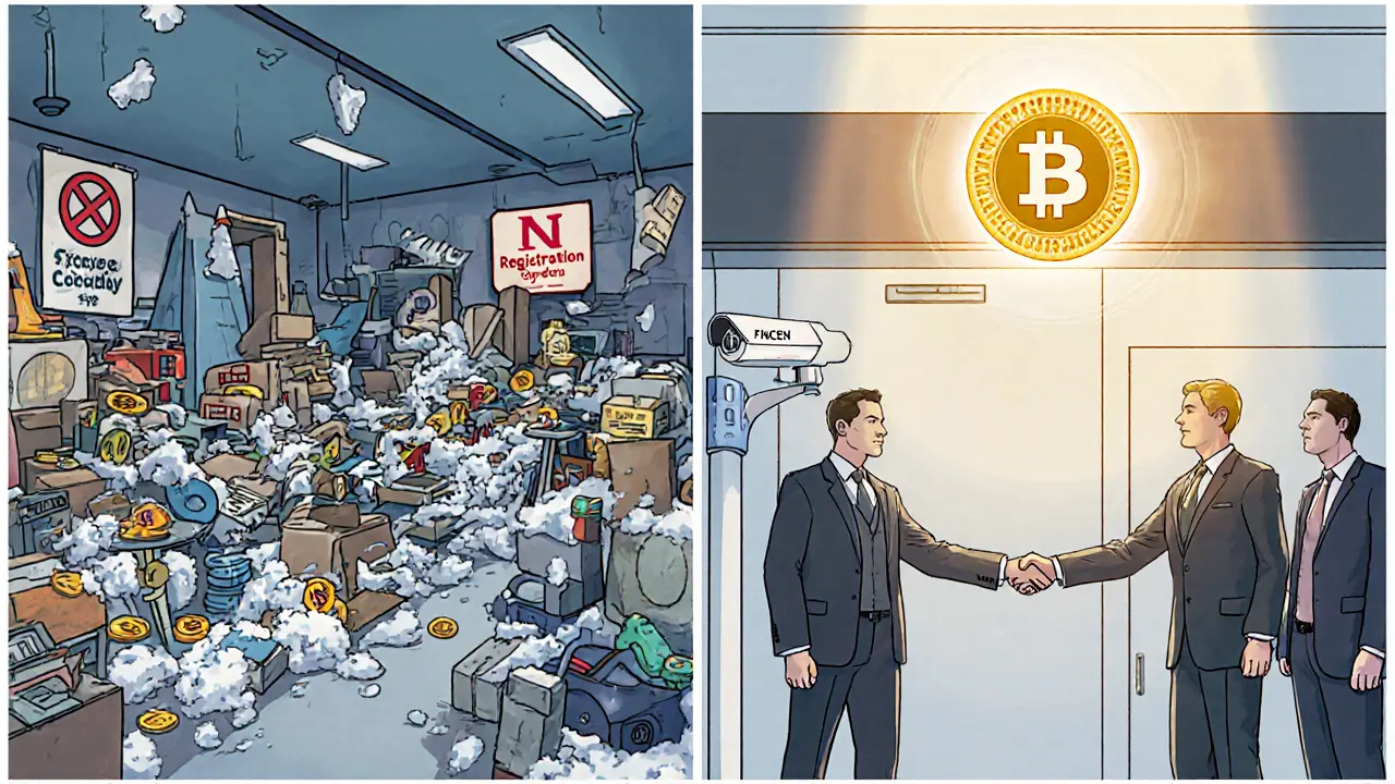 Contrasting scenes: one chaotic unregistered exchange vs. a compliant, professional crypto business.