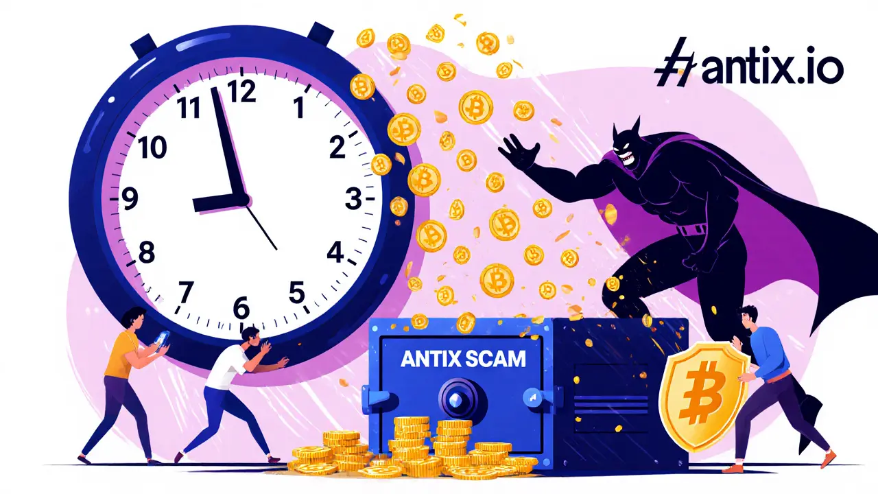 Countdown clock to ANTIX airdrop end with people earning points as scam figure is chased away