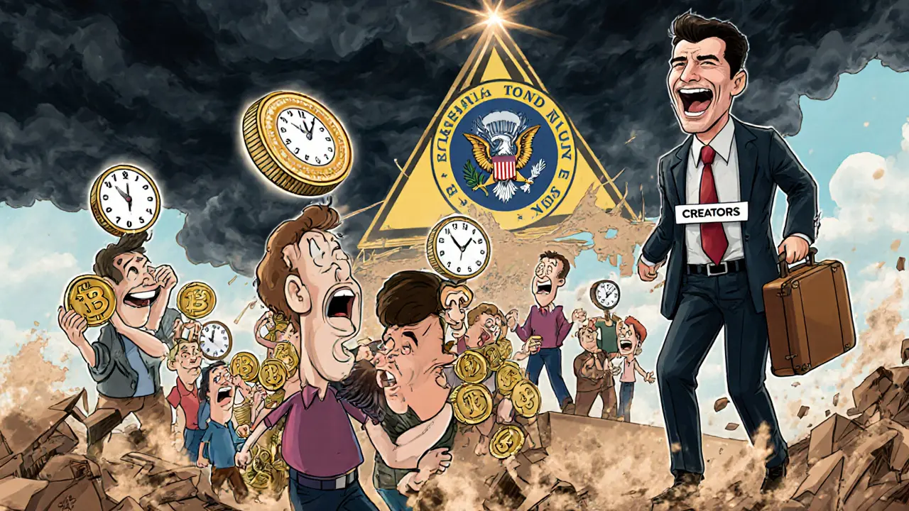 Crowd on crumbling Ponzi pyramid watching creators escape with money as SEC warning looms in distance.