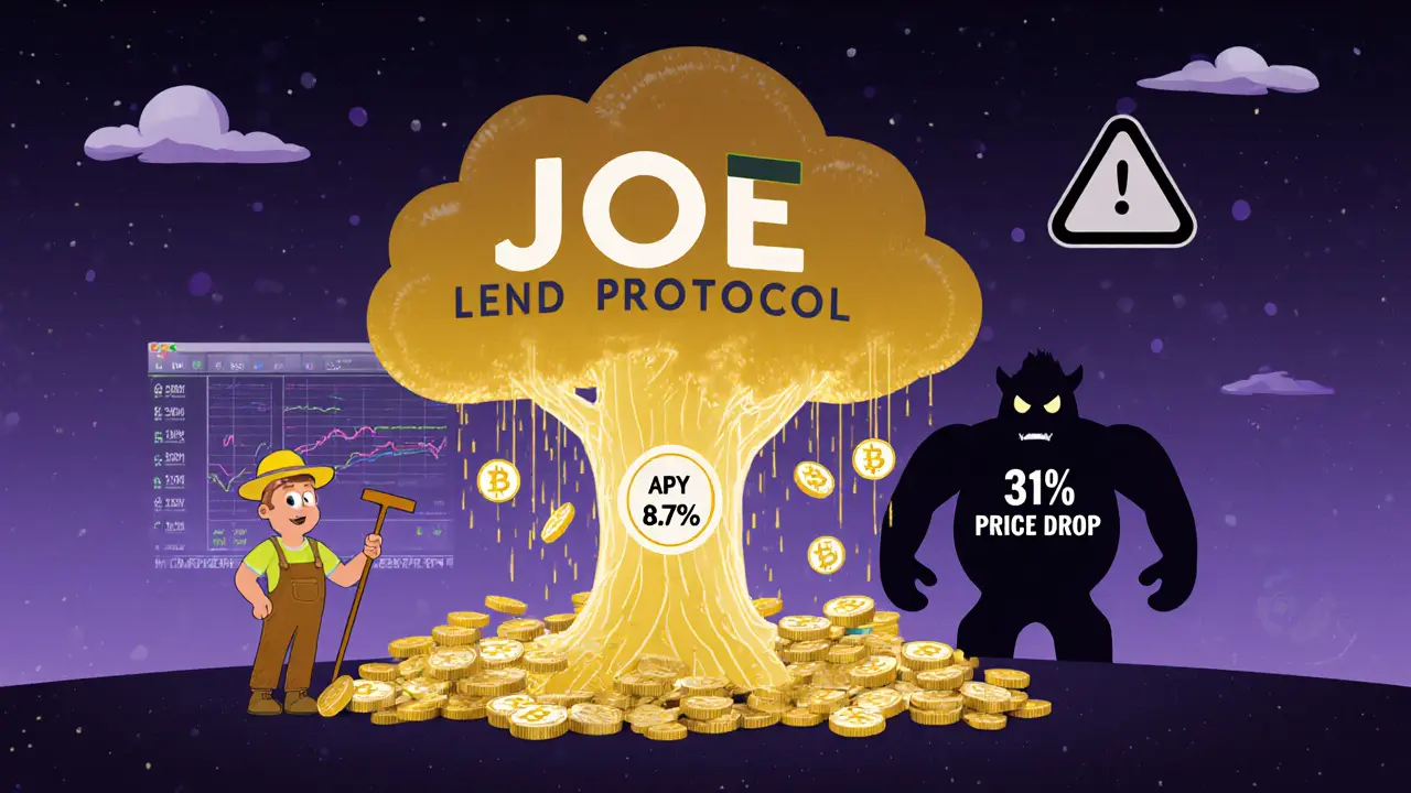 Farmer staking JOE tokens under a yield tree while a price drop monster looms in the background.