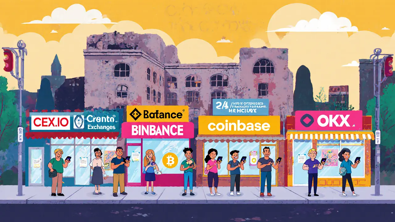 Five lively modern crypto exchanges with happy users, contrasted with a distant ruined building.