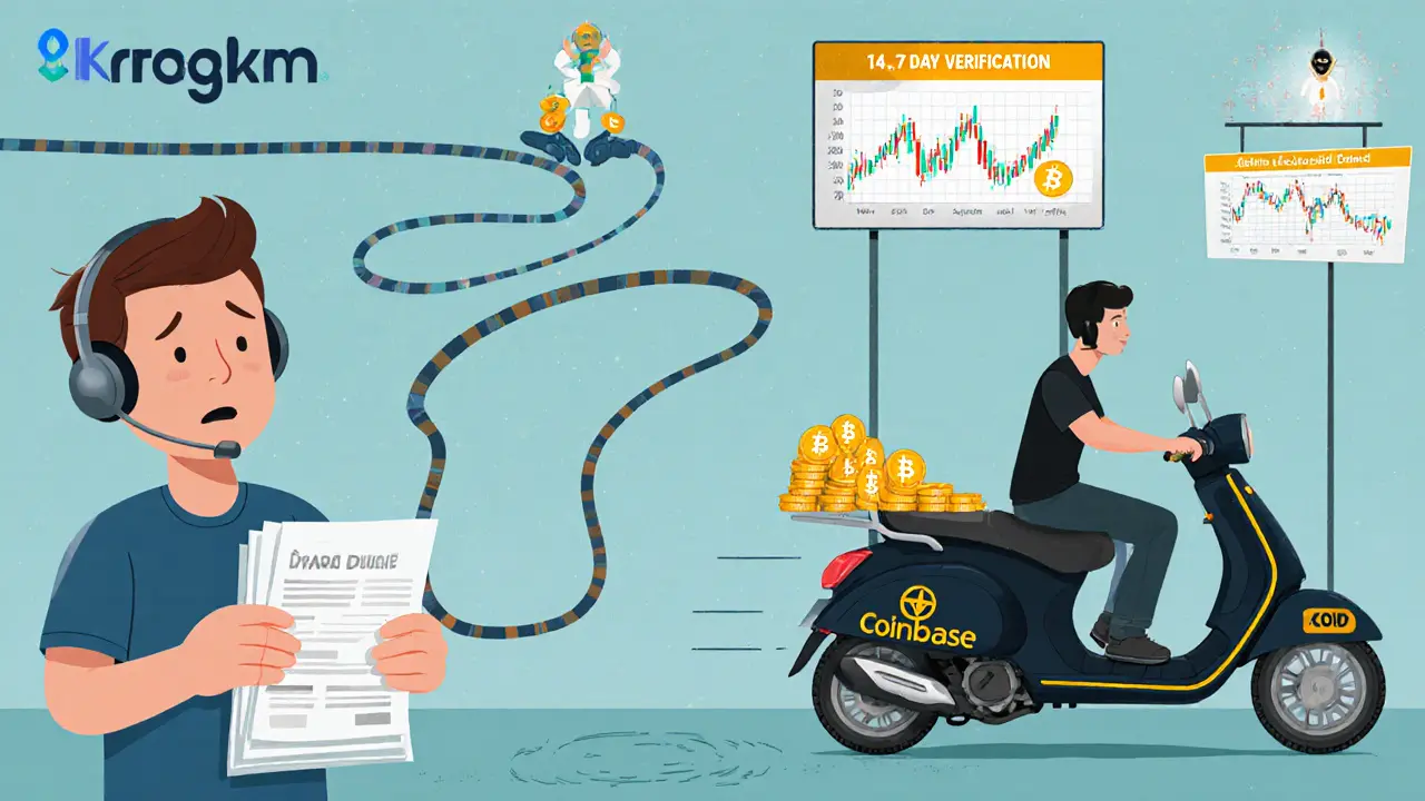 Frustrated trader stuck in long verification line while others move ahead.