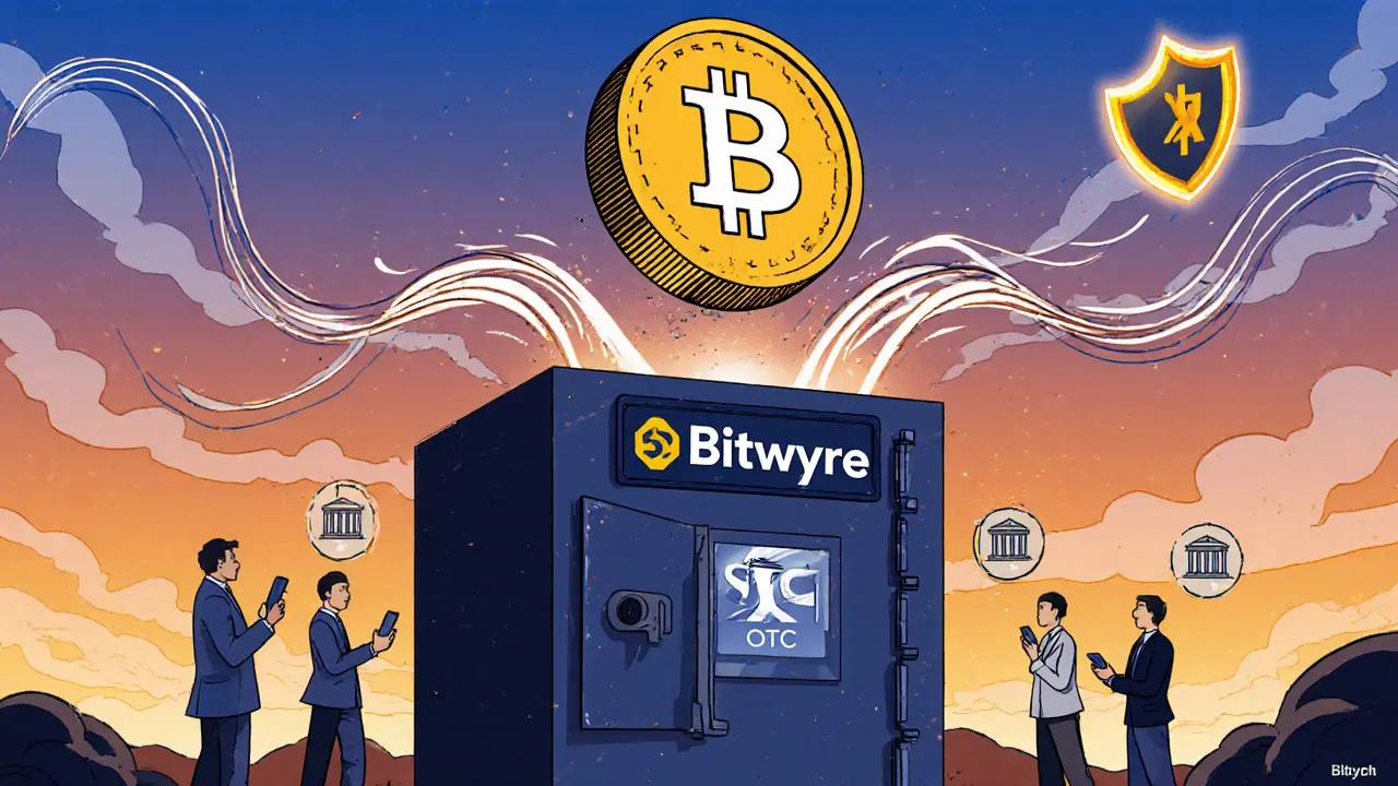 Giant USDT coin entering a secure vault while retail traders watch from below with phone apps.