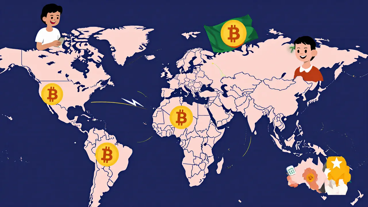 Global map with lightning bolts connecting countries as Bitcoin symbols transfer instantly between them.