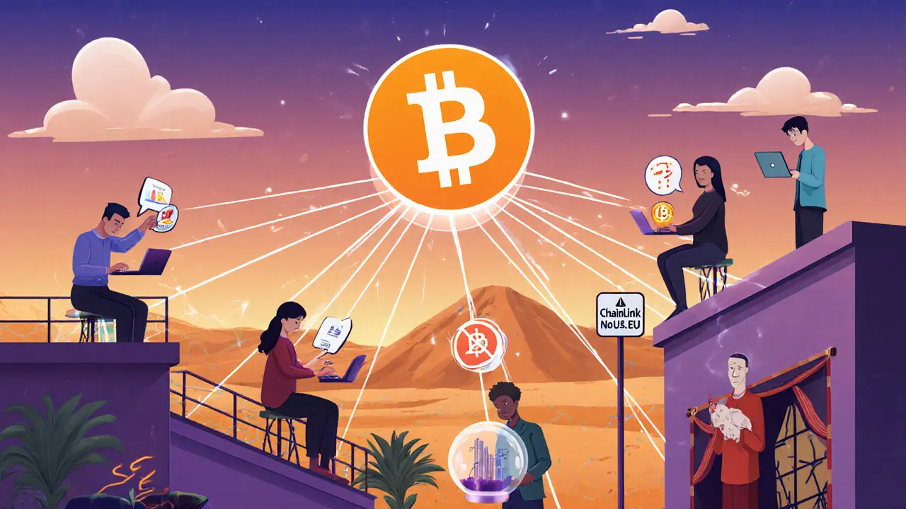 Global traders connected to a giant BitMEX logo in sky, social trading and oracle elements in cartoon illustration.