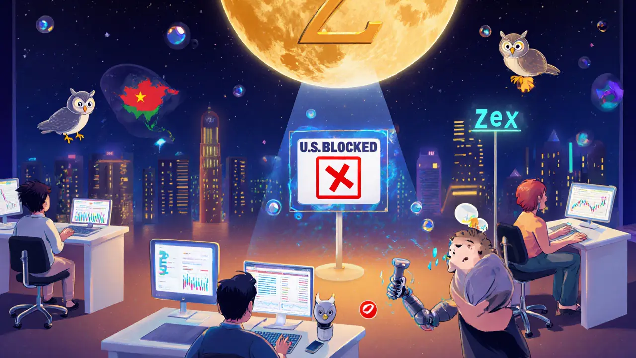 Global traders using Zeta Markets under a glowing ZEX token, with a &#039;U.S. Blocked&#039; sign in the background.