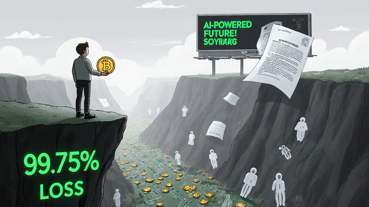 Lonely person at a cliff labeled &#039;99.75% Loss&#039; holding a tiny token, with ghostly investors below and fake AI billboard in distance.