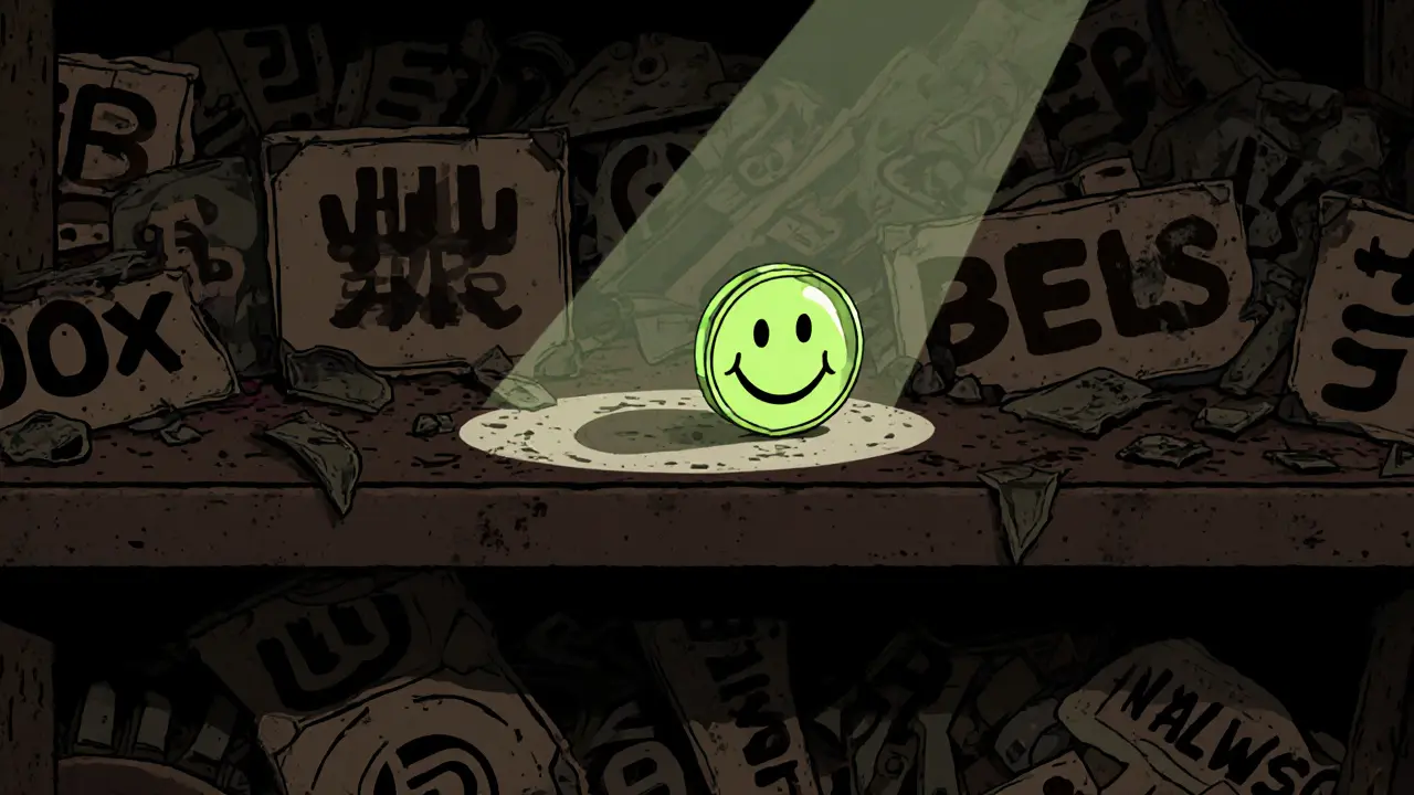 Lonely YOTO token on a dusty shelf in a forgotten crypto attic, lit by a single beam of light.