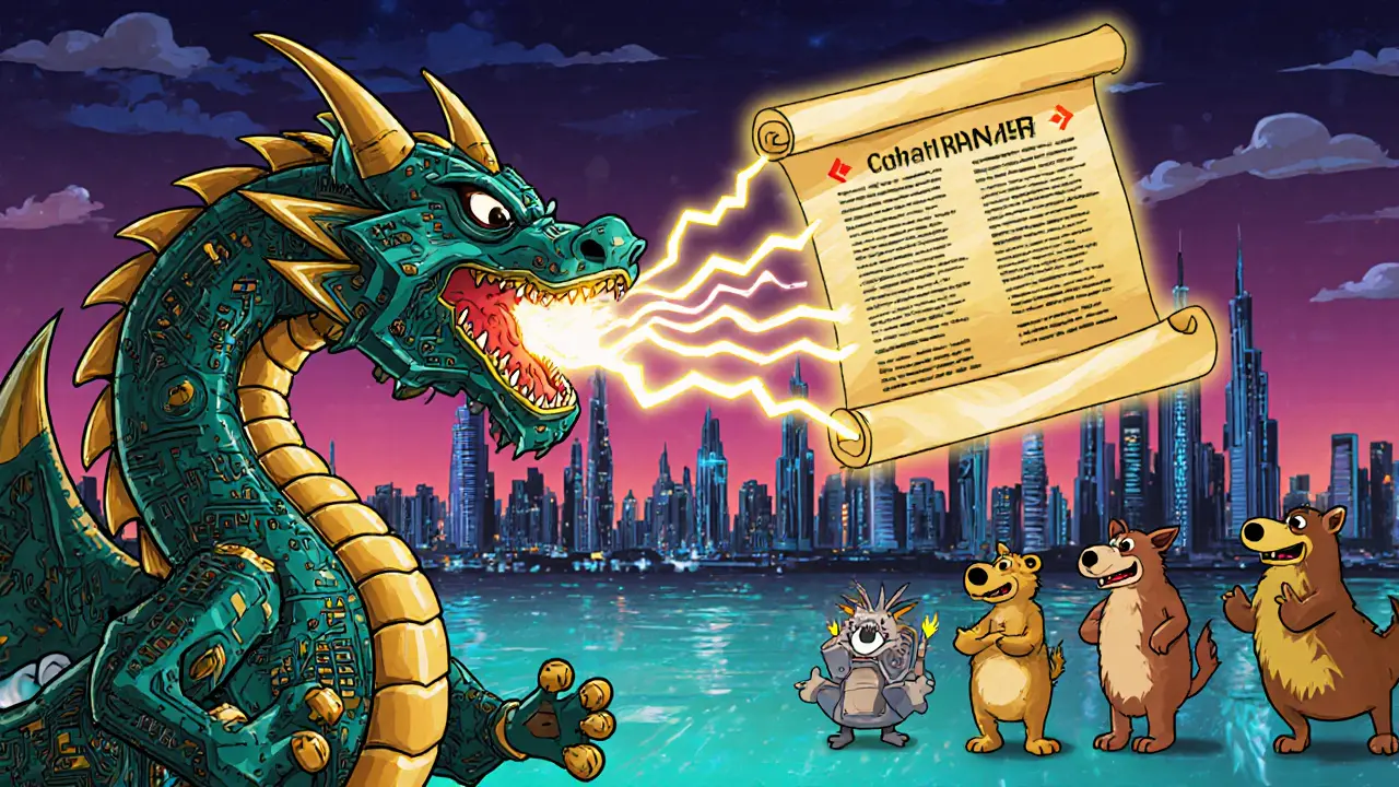 Mechanical dragon made of circuits breathes trading orders while other exchanges struggle nearby in cartoon style.