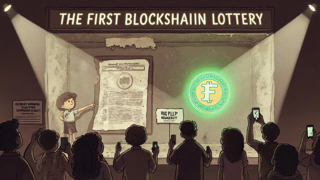 Museum exhibit displaying a single FLOT token with a &#039;Closed Since 2021&#039; sign and curious visitors.