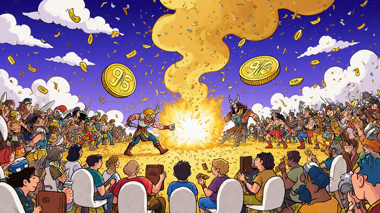 Mythological heroes battling in an NFT arena while golden BNB reflections float toward calm players.