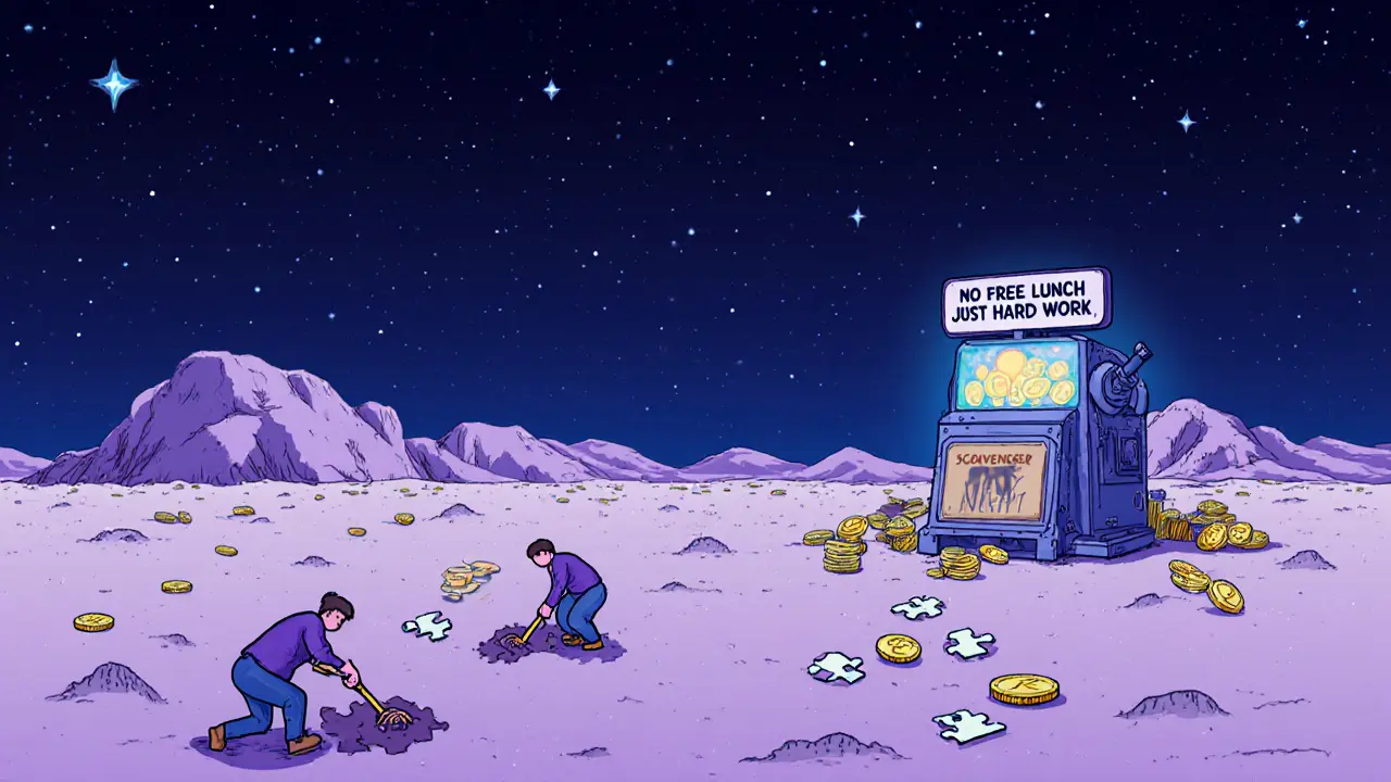 People digging for NIGHT tokens in a desert under stars at a scavenger mine.