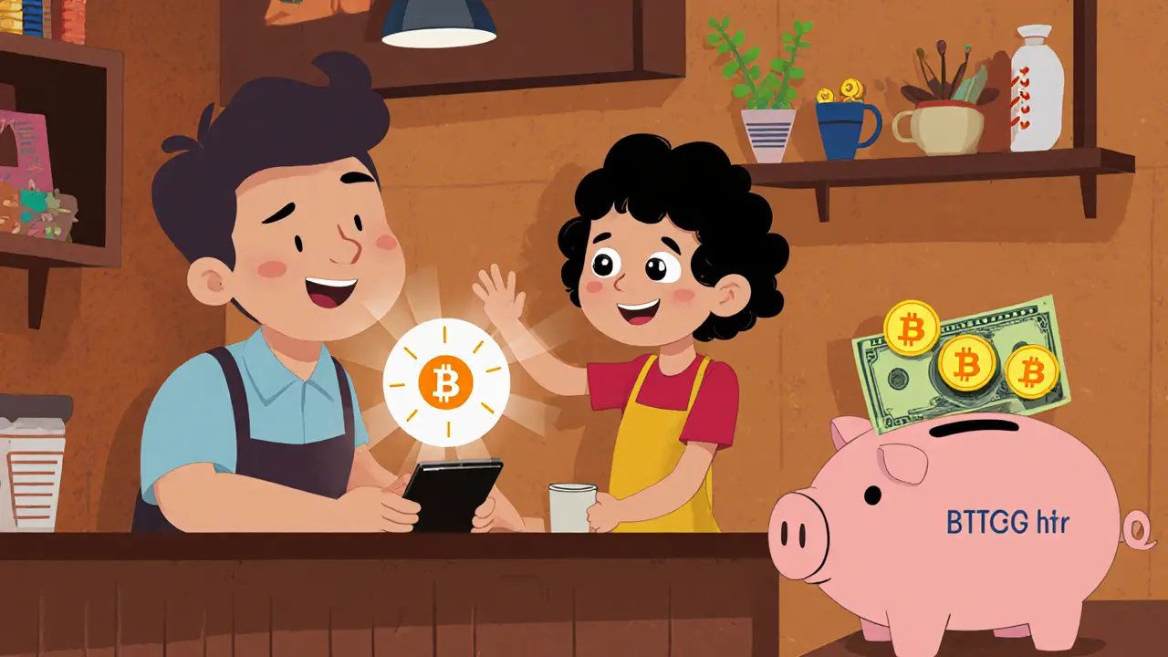 Person paying for coffee with Bitcoin in El Salvador, child holding a Bitcoin piggy bank nearby.