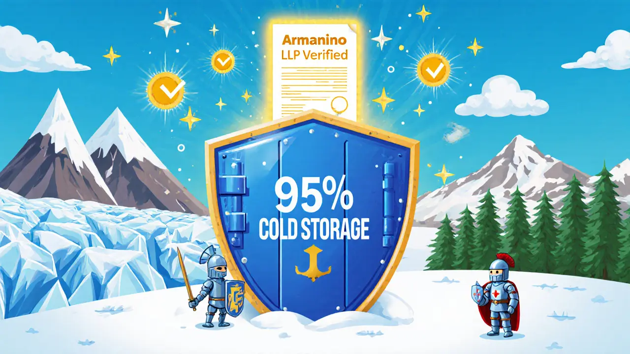 Secure cold storage vault guarded across three countries with verified audit.