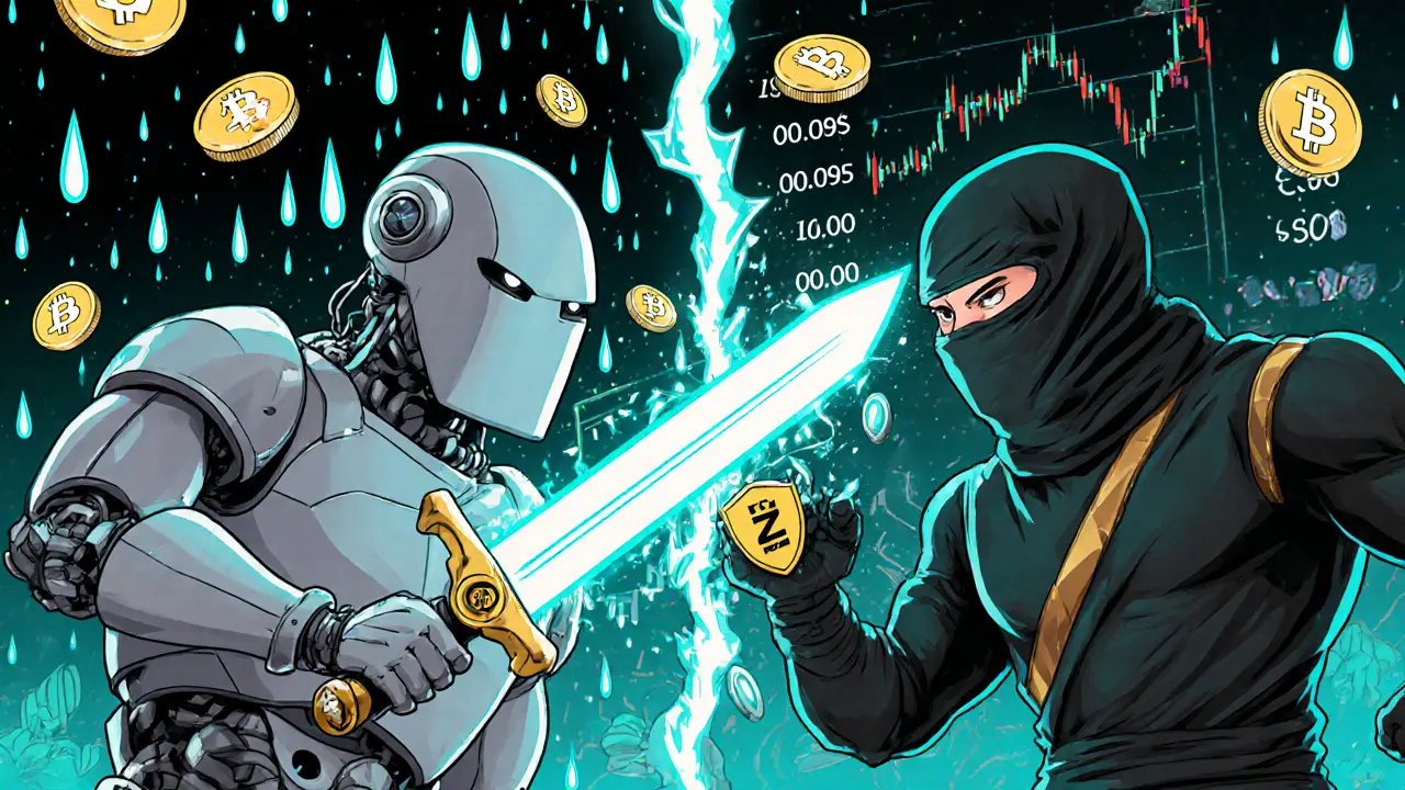 Solana ninja defeating slow Ethereum robot in a battle of trading fees and order books.