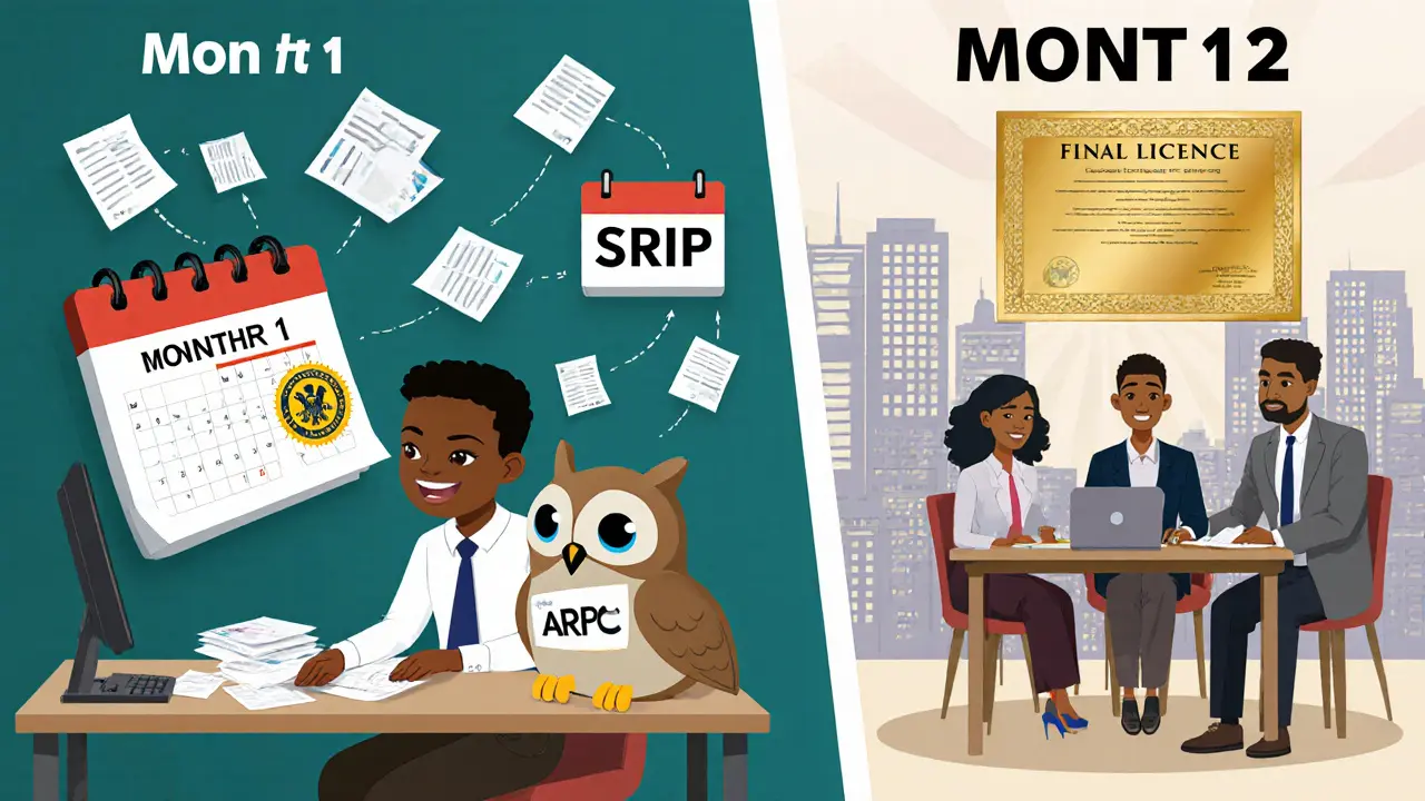 Startup founder receiving ARIP badge from an SEC owl mascot during 12-month incubation.