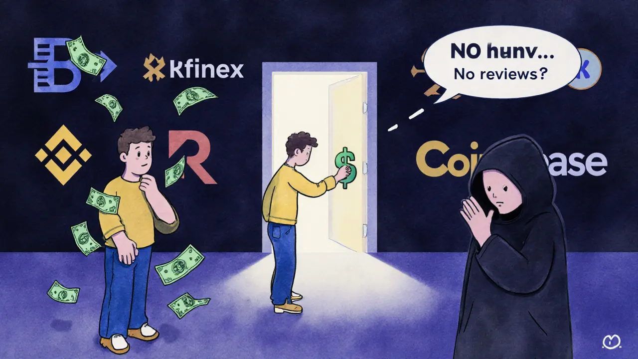 Three user types facing a hidden Rfinex door, while major exchanges glow brightly in background.
