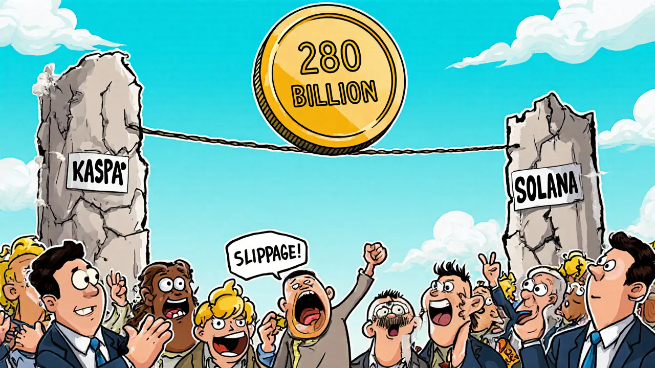 Tiny YOTO token balancing on a fragile rope between Kaspa and Solana as investors panic below.